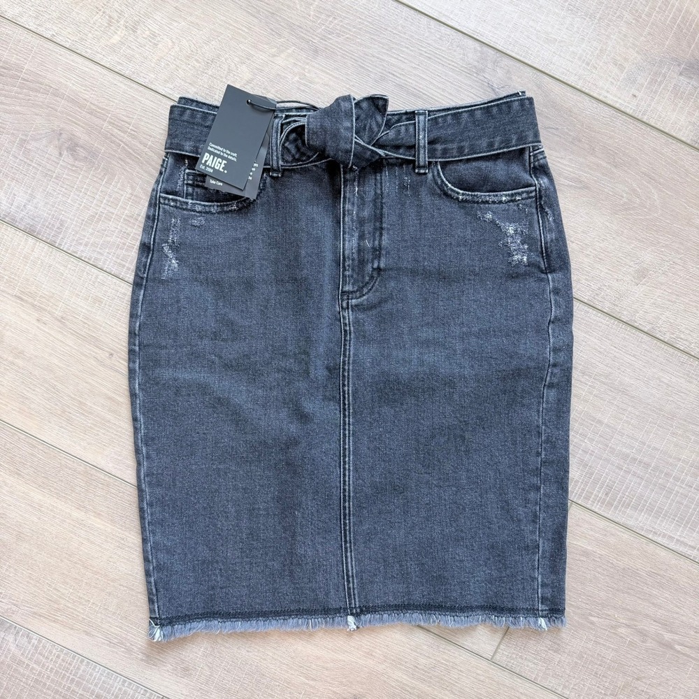 PAIGE Belted Deirdre Skirt Women 27 Black Wash Denim Distressed Raw Hem NWT